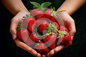 Vibrant strawberries gently gripped in hand against a leafy background Generative AI