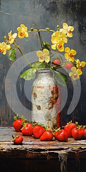 Vibrant Strawberry Still Life: Antique Metallic Vases With Yellow Orchids