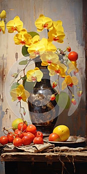 Vibrant Strawberry Still Life: Antique Metallic Vases With Yellow Orchids