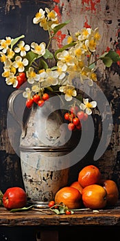 Vibrant Strawberry Still Life: Antique Metallic Vases With Yellow Orchids