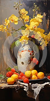 Vibrant Strawberry Still Life: Antique Metallic Vases With Yellow Orchids