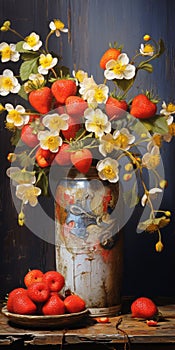 Vibrant Strawberry Still Life: Antique Metallic Vases With Yellow Orchids