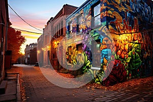 Vibrující ulice umění na zchátralý městský stěna v rušný panoráma města 