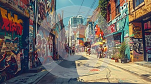 A vibrant street filled with colorful murals and graffiti, bustling with activity and creativity