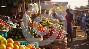 A vibrant street market filled with local produce with vendors proudly displaying their solarpowered stalls and