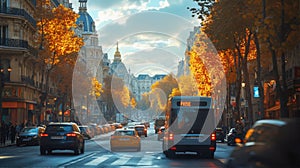 A vibrant street view in Paris during the evening rush hour, Generative ai.