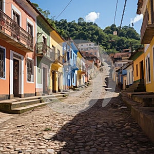 Vibrant streets of Santa Felicidad, Brazil with colorful houses and hills photo