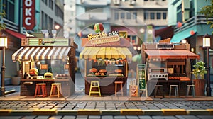 A vibrant streetside scene featuring a variety of BBQ and grill vendors each with their own unique menu and cooking photo