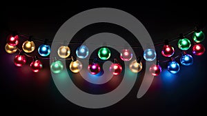 Vibrant string of colorful glass bulbs. Multi-colored electric lights garland on black background