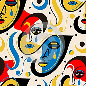 Vibrant strokes of artistry collide in a playful frenzy of colorful faces, surrealism seamless vector pattern.