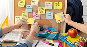 Colorful Student Study Area with Sticky Notes and Learning Materials