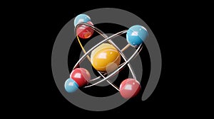 Vibrant stylized atom model showcasing orbiting electrons and quantum physics concepts