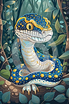 Stunning Blue and Yellow Python in Lush Rainforest