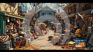 Vibrant suburban yard sale sunlit secondhand market, haggling characters, detailed wide angle shot