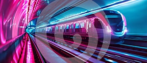 Vibrant Subway Train Speeding Through Tunnels, Radiating Neon Pink And Blue Light