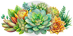 Vibrant Succulent Arrangement Illustration A Whimsical Botanical Display of Intricate Leafy Forms in Striking Hues of photo