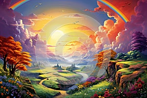 Vibrant Summer landscape rainbow. Generate Ai