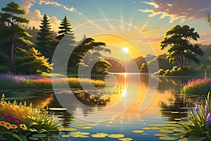 A Vibrant Summer Landscape Showcasing a Golden Sun Setting Behind a Tranquil Lake: Reflections Dancing on the Water