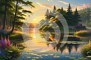 A Vibrant Summer Landscape Showcasing a Golden Sun Setting Behind a Tranquil Lake: Reflections Dancing on the Water