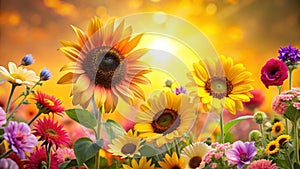 Vibrant summer meadow with sunflowers and assorted blossoms basking in golden sunlight. Generative AI