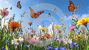 A vibrant summer meadow with wildflowers in full bloom, butterflies flitting from flower to flower, and a clear blue sky overhead photo