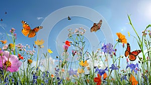 A vibrant summer meadow with wildflowers in full bloom, butterflies flitting from flower to flower, and a clear blue sky overhead photo