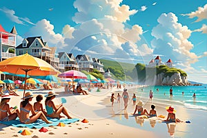 A Vibrant Summer Scene: Bright Midday Sun Casts a Warm Glow on a Bustling Beach, People Lounging and Enjoying the Day