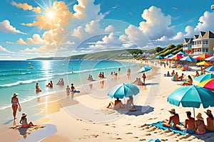 A Vibrant Summer Scene: Bright Midday Sun Casts a Warm Glow on a Bustling Beach, People Lounging and Enjoying the Day