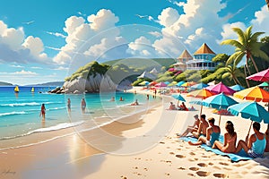 A Vibrant Summer Scene: Bright Midday Sun Casts a Warm Glow on a Bustling Beach, People Lounging and Enjoying the Day