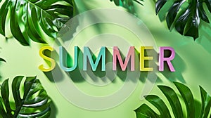 Vibrant Summer Typography with Tropical Leaves on Green Background