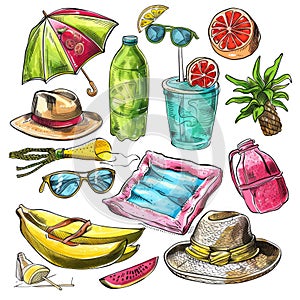 Vibrant Summer Vibes: Watercolor Elements with Tropical Fruits and Beach Accessories