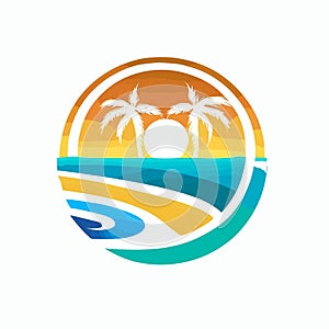 Vibrant Sun palm trees Beach logo vector illustration
