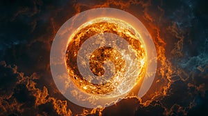 A vibrant sun setting behind dramatic clouds in a twilight sky