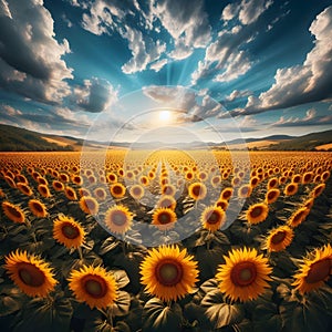 Vibrant Sunflower Blooming in a Vast Field Under a Clear Blue Sky
