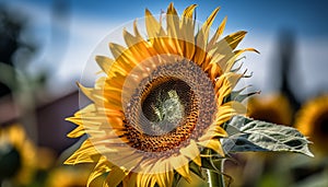 Vibrant sunflower in meadow, pollinated by bee, ripe for harvesting generated by AI