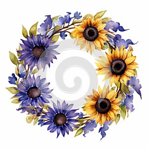 Vibrant Sunflower Wreath With Pressed Lavender Flowers In Watercolor Style