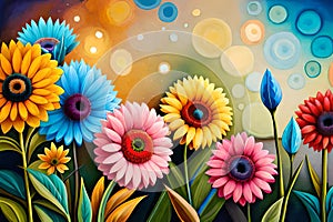 vibrant sunflowers in multicolored colourful colors. blue, yellow, pink and orange colors. bokeh background