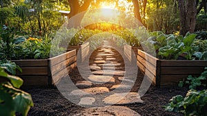 Vibrant sunlit garden pathway with raised beds in lush greenery