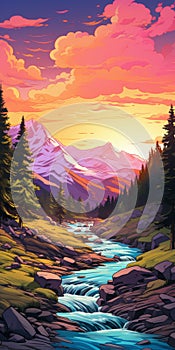 Vibrant Sunset Cartoon Background Of Rocky Mountain National Park