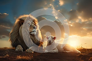 vibrant sunset featuring a large lion and white lamb living in harmony. Innocence and Sacrifice. Lion of Judah