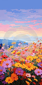 Vibrant Sunset Flower Field Painting With Flat Brushwork