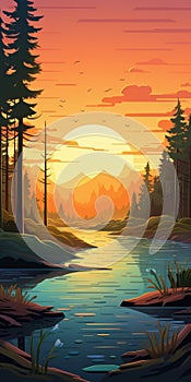 Vibrant Sunset Forest And Lake Illustration With Modern Art Style