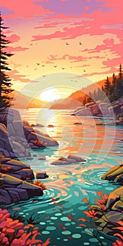 Vibrant Sunset Illustration Of Forest And River In Wilderness