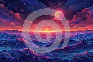 Vibrant sunset illustration over stylized graphic ocean sci-fi futuristic wallpaper background