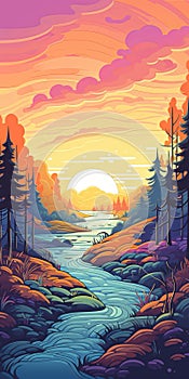 Vibrant Sunset Illustration Of River And Trees In Modern Art Style