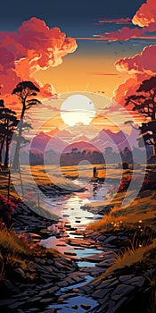 Vibrant Sunset Landscape Illustration: Retrotranscription Camping Poster