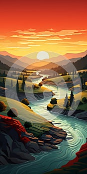 Vibrant Sunset Landscape Painting With Meandering River In Tuscany