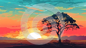 Vibrant Sunset Landscape With Tree - Colorful Palette And Detailed Skies