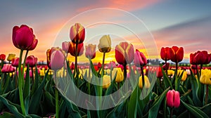 Vibrant Sunset Over Colorful Tulip Field in Spring