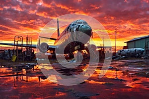 vibrant sunset over a desolate airplane graveyard